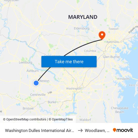 Washington Dulles International Airport Metrorail Station to Woodlawn, Maryland map