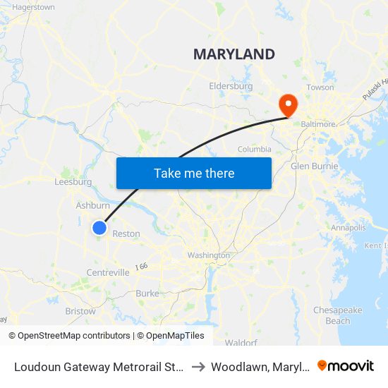 Loudoun Gateway Metrorail Station to Woodlawn, Maryland map