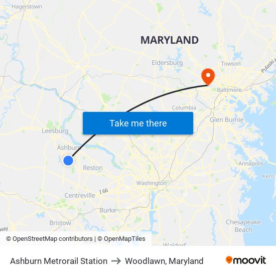 Ashburn Metrorail Station to Woodlawn, Maryland map