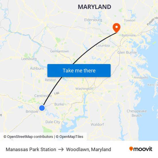 Manassas Park Station to Woodlawn, Maryland map