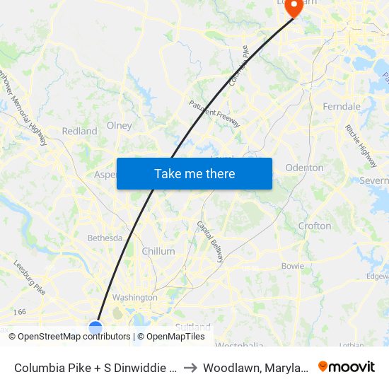 Columbia Pike + S Dinwiddie St to Woodlawn, Maryland map