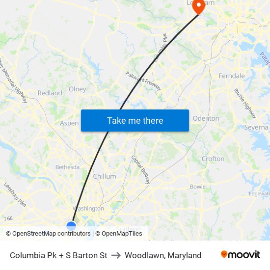 Columbia Pk + S Barton St to Woodlawn, Maryland map