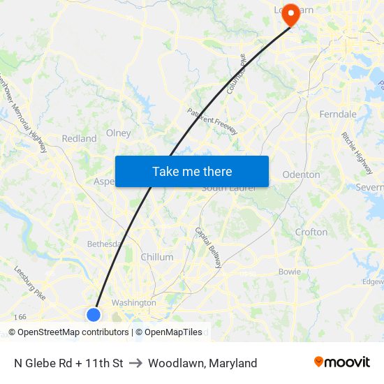 N Glebe Rd + 11th St to Woodlawn, Maryland map