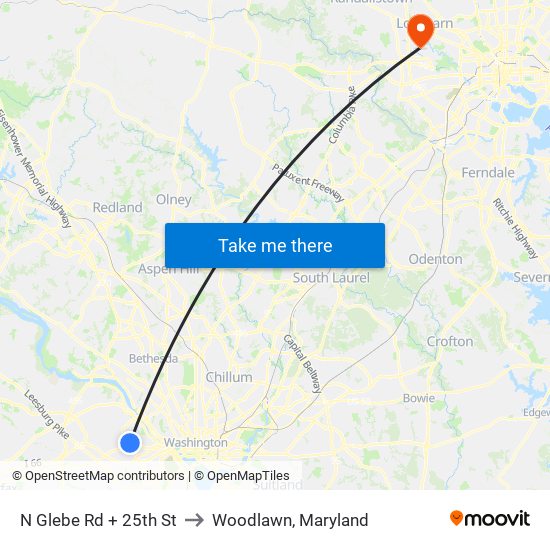 N Glebe Rd + 25th St to Woodlawn, Maryland map