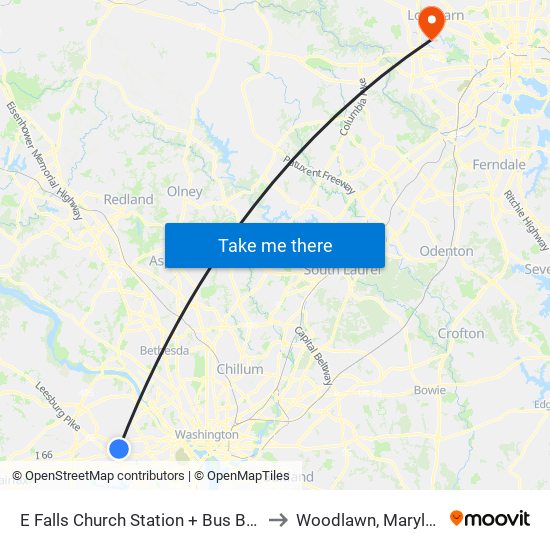 E Falls Church Station + Bus Bay D to Woodlawn, Maryland map