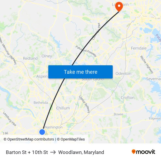 Barton St + 10th St to Woodlawn, Maryland map