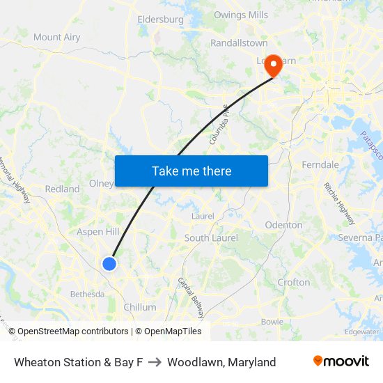 Wheaton Station & Bay F to Woodlawn, Maryland map