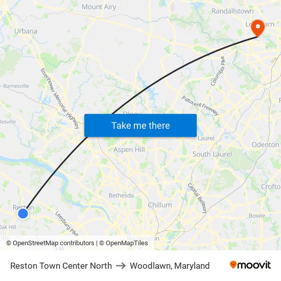 Reston Town Center North to Woodlawn, Maryland map