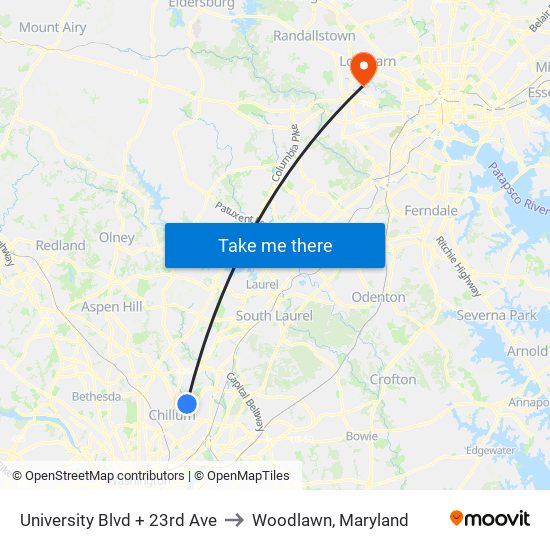 University Blvd + 23rd Ave to Woodlawn, Maryland map