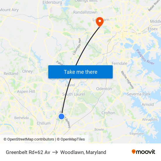 Greenbelt Rd+62 Av to Woodlawn, Maryland map