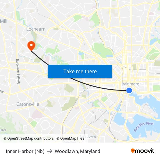 Inner Harbor (Nb) to Woodlawn, Maryland map