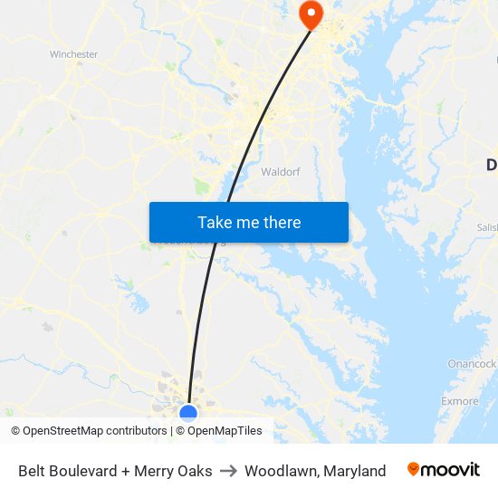 Belt Boulevard + Merry Oaks to Woodlawn, Maryland map