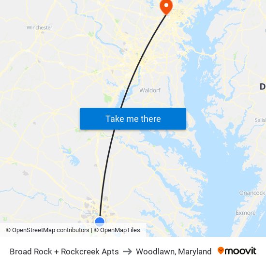 Broad Rock + Rockcreek Apts to Woodlawn, Maryland map