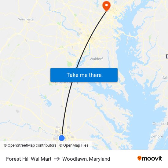 Forest Hill Wal Mart to Woodlawn, Maryland map