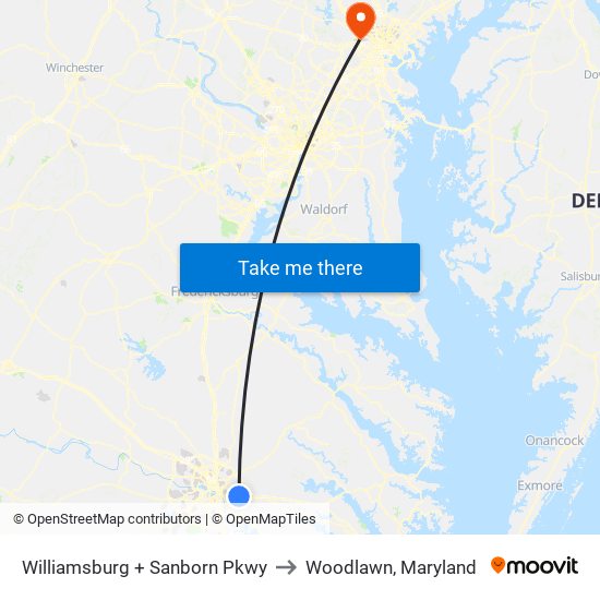 Williamsburg + Sanborn Pkwy to Woodlawn, Maryland map