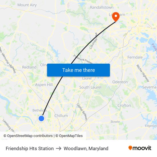 Friendship Hts Station to Woodlawn, Maryland map