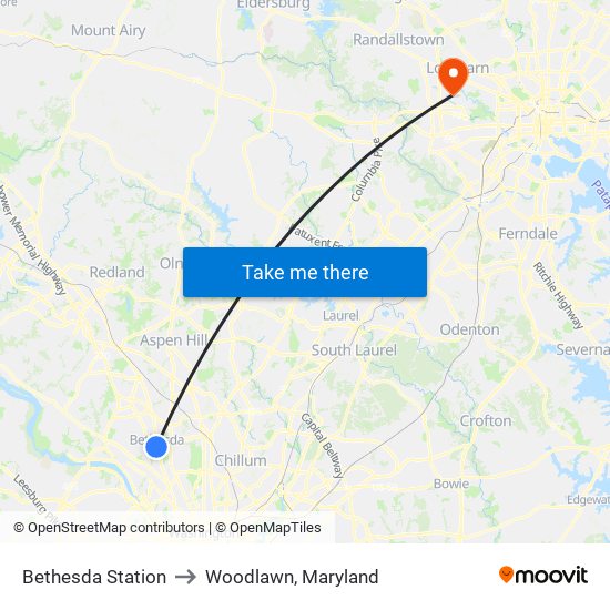 Bethesda Station to Woodlawn, Maryland map