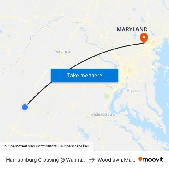 Harrisonburg Crossing @ Walmart (Shelter) to Woodlawn, Maryland map