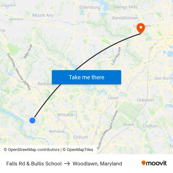 Falls Rd & Bullis School to Woodlawn, Maryland map