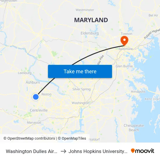Washington Dulles Airport to Johns Hopkins University Olin map