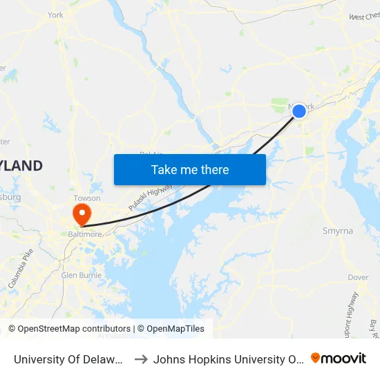 University Of Delaware to Johns Hopkins University Olin map