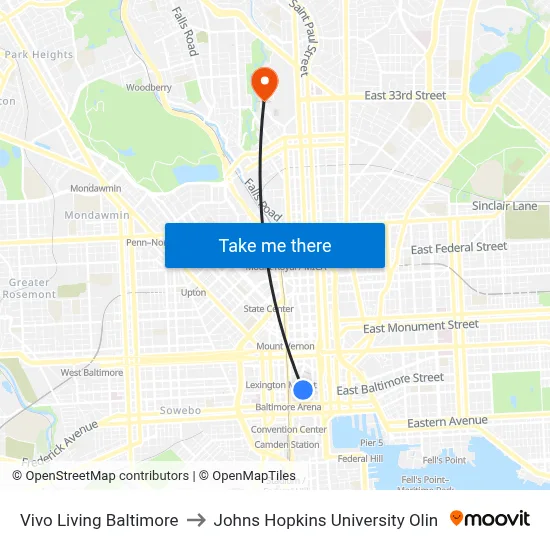 Vivo Living Baltimore to Johns Hopkins University Olin map