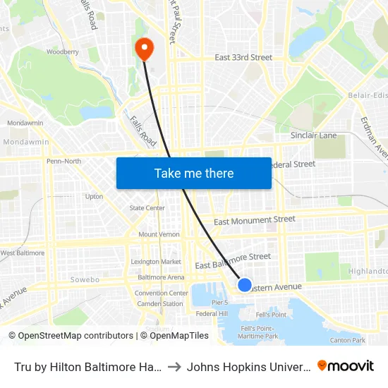 Tru by Hilton Baltimore Harbor East to Johns Hopkins University Olin map
