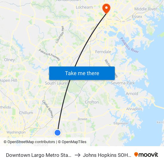 Downtown Largo Metro Station to Johns Hopkins SOHOP map