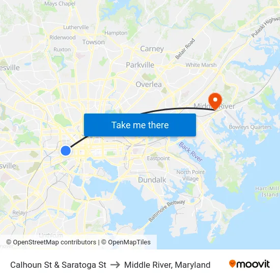 Calhoun St & Saratoga St to Middle River, Maryland map