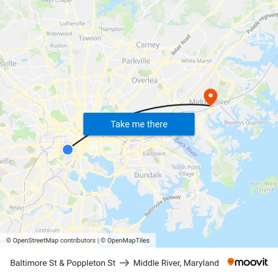 Baltimore St & Poppleton St to Middle River, Maryland map