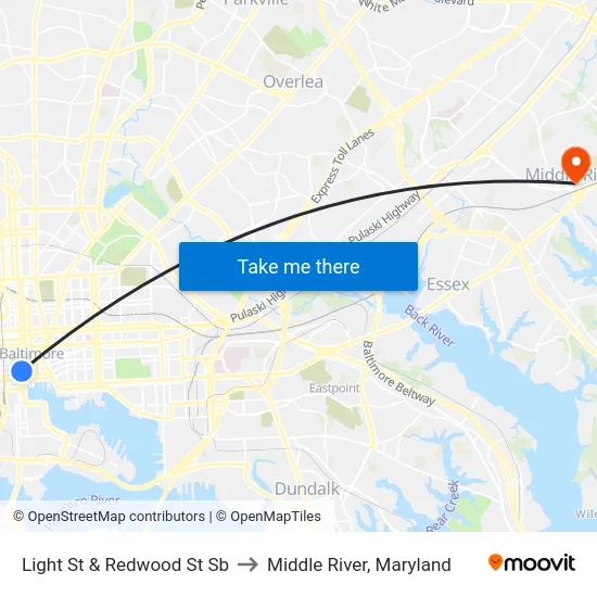 Light St & Redwood St Sb to Middle River, Maryland map