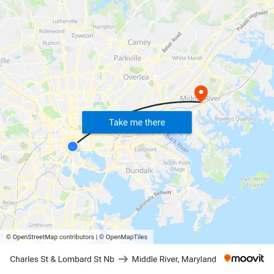 Charles St & Lombard St Nb to Middle River, Maryland map