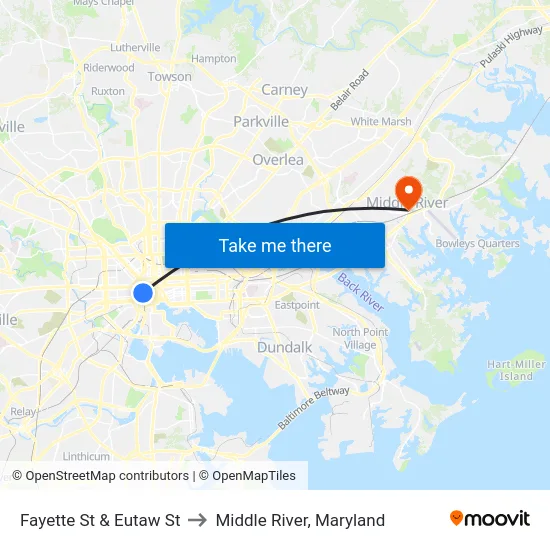 Fayette St & Eutaw St to Middle River, Maryland map