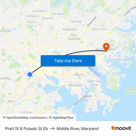 Pratt St & Pulaski St Eb to Middle River, Maryland map