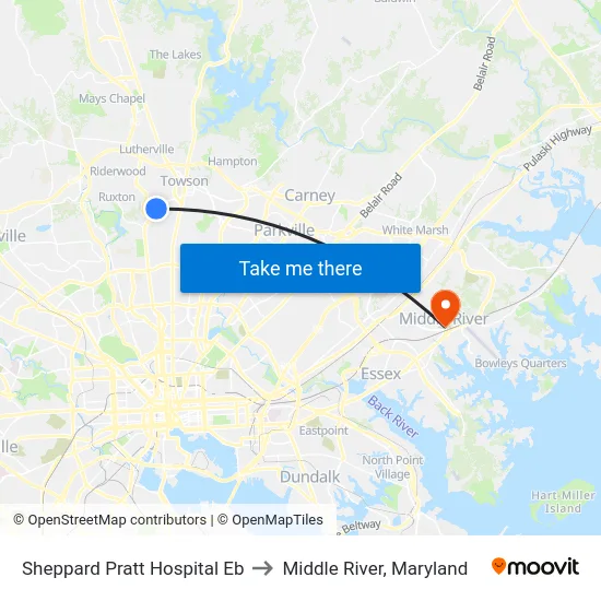 Sheppard Pratt Hospital Eb to Middle River, Maryland map