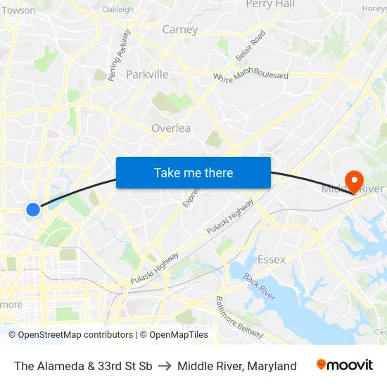 The Alameda & 33rd St Sb to Middle River, Maryland map