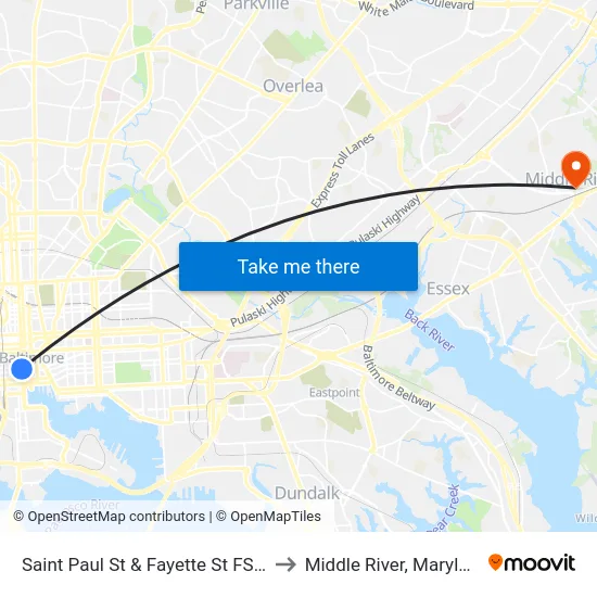 Saint Paul St & Fayette St FS Sb to Middle River, Maryland map