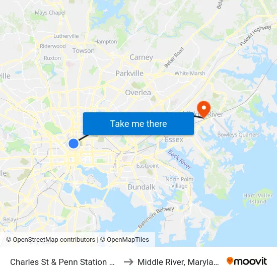Charles St & Penn Station Nb to Middle River, Maryland map