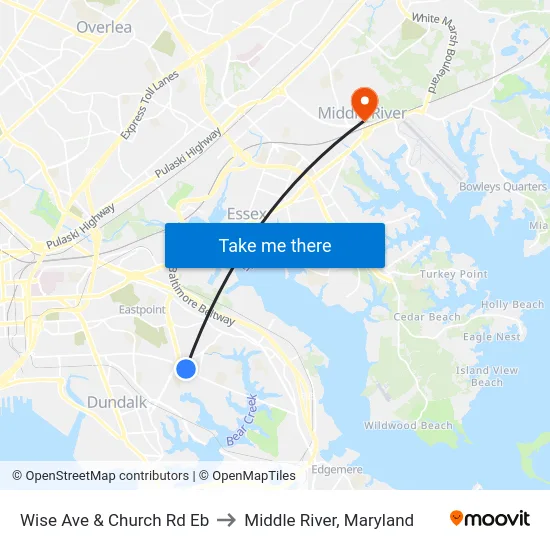 Wise Ave & Church Rd Eb to Middle River, Maryland map
