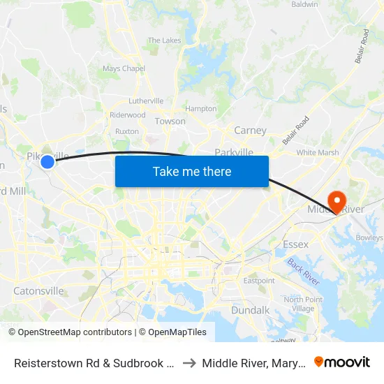 Reisterstown Rd & Sudbrook Ln Sb to Middle River, Maryland map