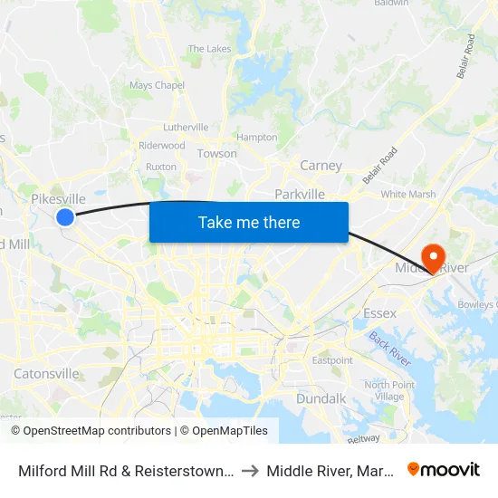 Milford Mill Rd & Reisterstown Rd Eb to Middle River, Maryland map