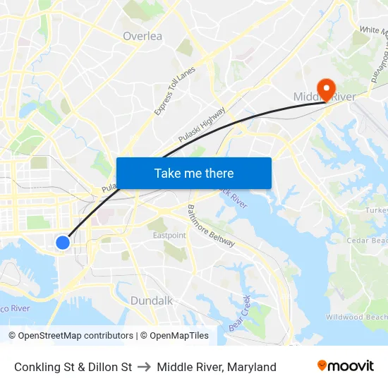 Conkling St & Dillon St to Middle River, Maryland map