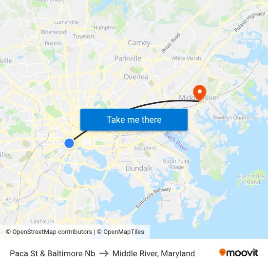 Paca St & Baltimore Nb to Middle River, Maryland map