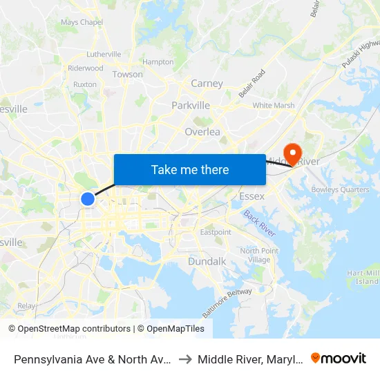 Pennsylvania Ave & North Ave Nb to Middle River, Maryland map
