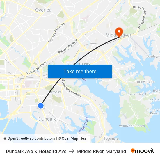 Dundalk Ave & Holabird Ave to Middle River, Maryland map