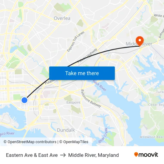 Eastern Ave & East Ave to Middle River, Maryland map