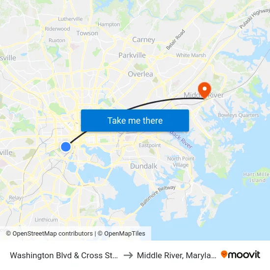 Washington Blvd & Cross St Sb to Middle River, Maryland map