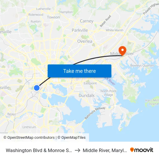 Washington Blvd & Monroe St Wb to Middle River, Maryland map