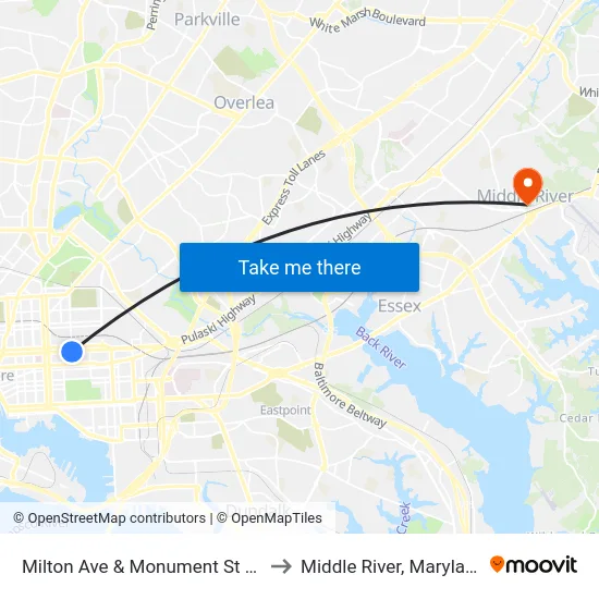 Milton Ave & Monument St Nb to Middle River, Maryland map
