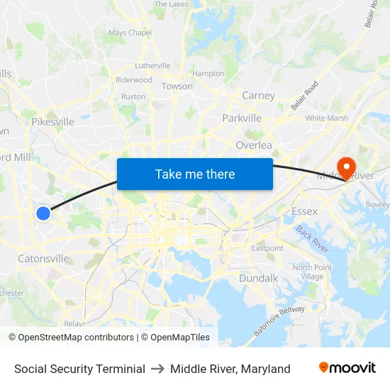 Social Security Terminial to Middle River, Maryland map